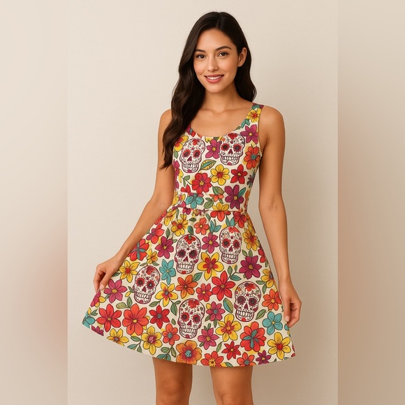 Folter Dresses & Skirts - Folter Sugar Skull Floral Day of the Dead Dress Size M Made in USA Pockets